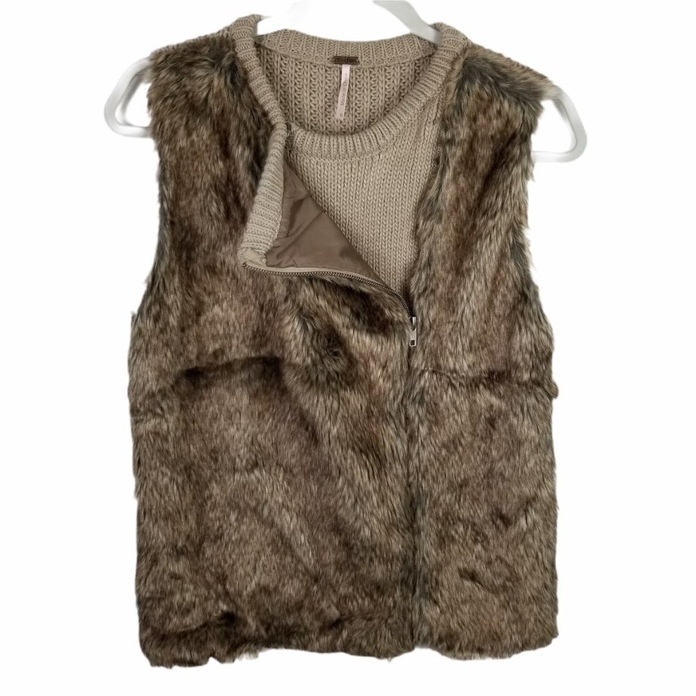 Poof! Faux Fur Front‎ Vest Sweater Back Women's Small Brown Side Full Zip